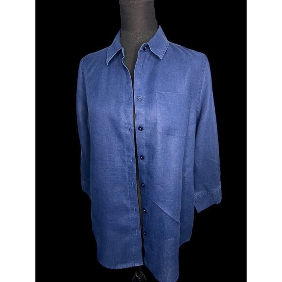 Chicos Linen Button-Up Shirt  Womens 0 Blue 3/4 Sleeve Collared career - Picture 2 of 5